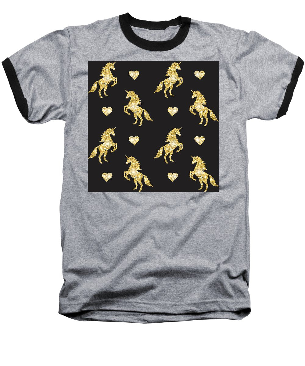 Vector seamless pattern of golden glitter unicorn silhouette isolated on black background - Baseball T-Shirt