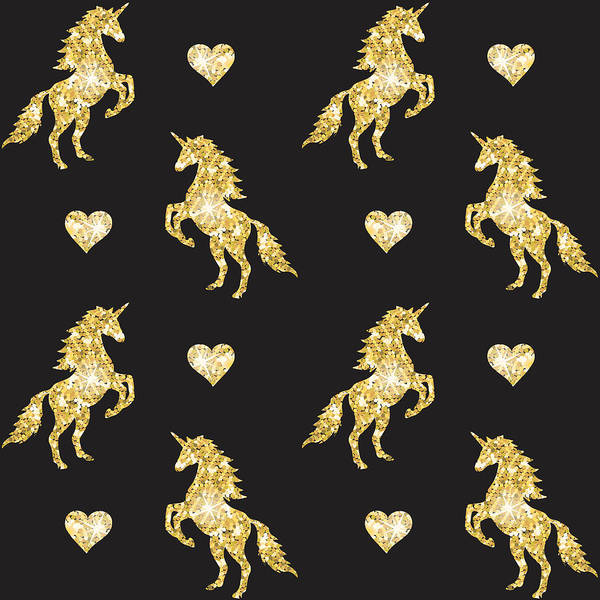 Vector seamless pattern of golden glitter unicorn silhouette isolated on black background - Art Print