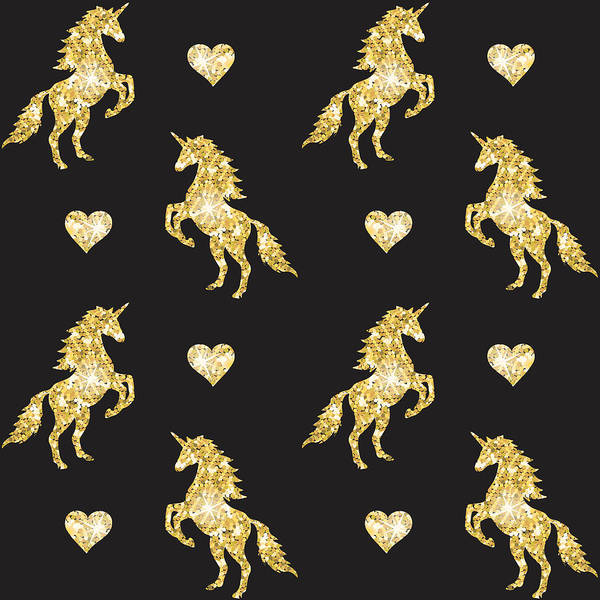 Vector seamless pattern of golden glitter unicorn silhouette isolated on black background - Art Print