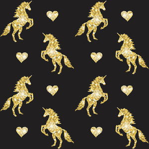 Vector seamless pattern of golden glitter unicorn silhouette isolated on black background - Art Print