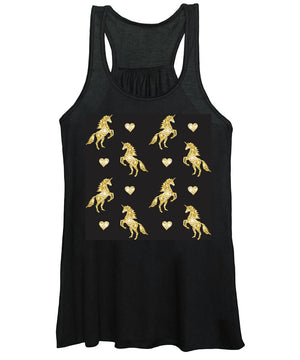 Vector seamless pattern of golden glitter unicorn silhouette isolated on black background - Women's Tank Top