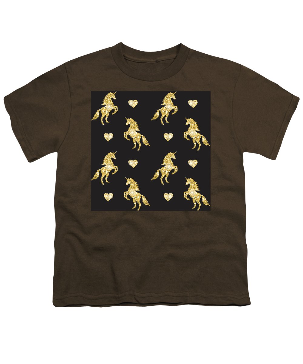 Vector seamless pattern of golden glitter unicorn silhouette isolated on black background - Youth T-Shirt