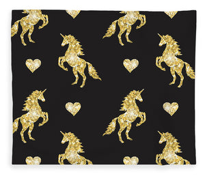 Vector seamless pattern of golden glitter unicorn silhouette isolated on black background - Blanket