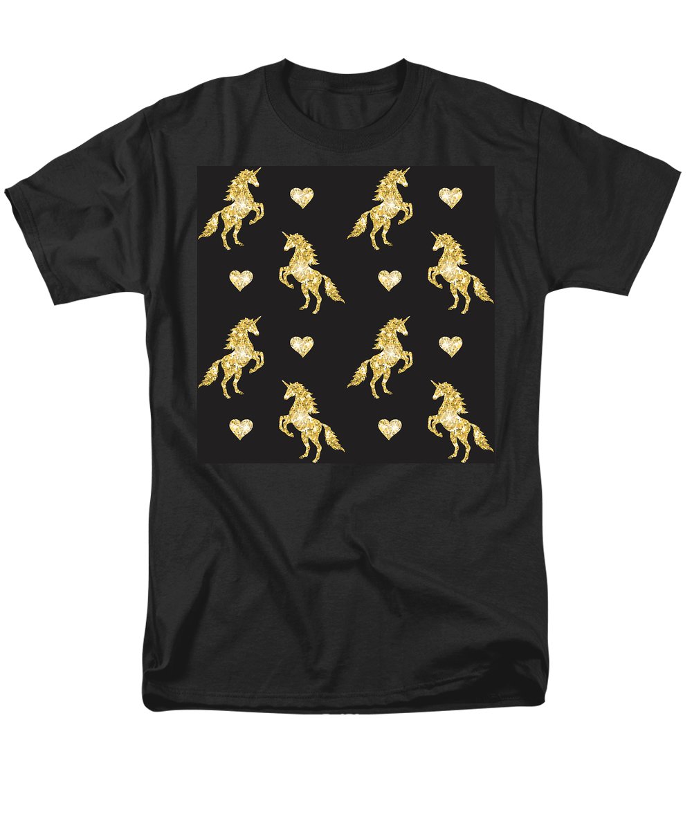Vector seamless pattern of golden glitter unicorn silhouette isolated on black background - Men's T-Shirt  (Regular Fit)