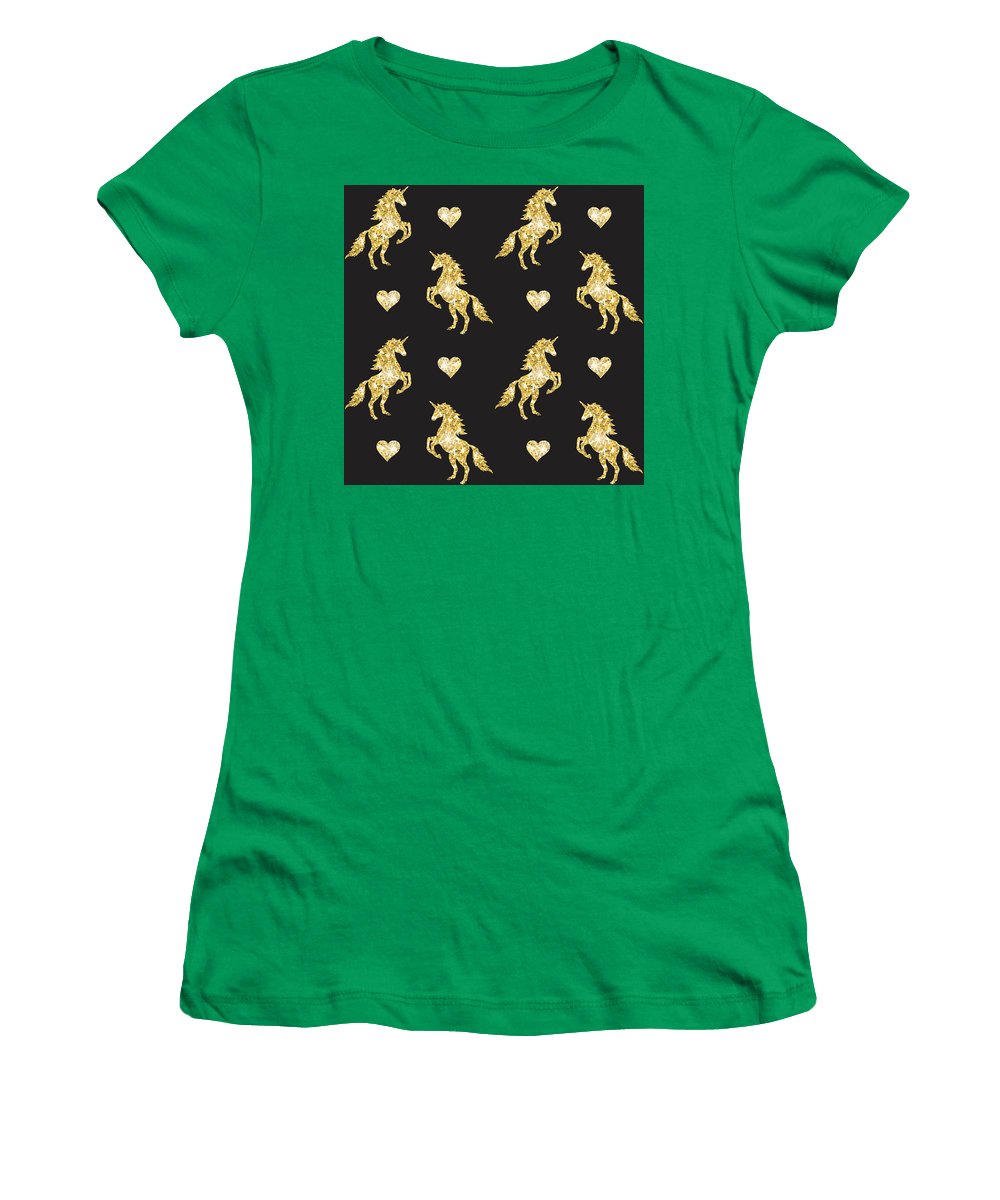 Vector seamless pattern of golden glitter unicorn silhouette isolated on black background - Women's T-Shirt