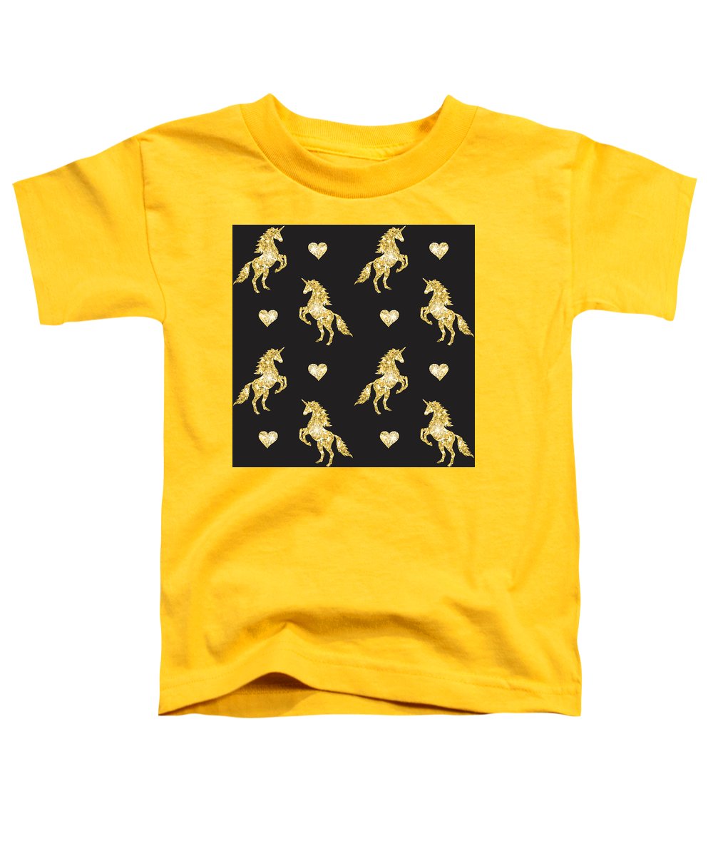 Vector seamless pattern of golden glitter unicorn silhouette isolated on black background - Toddler T-Shirt