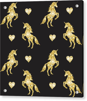 Vector seamless pattern of golden glitter unicorn silhouette isolated on black background - Acrylic Print