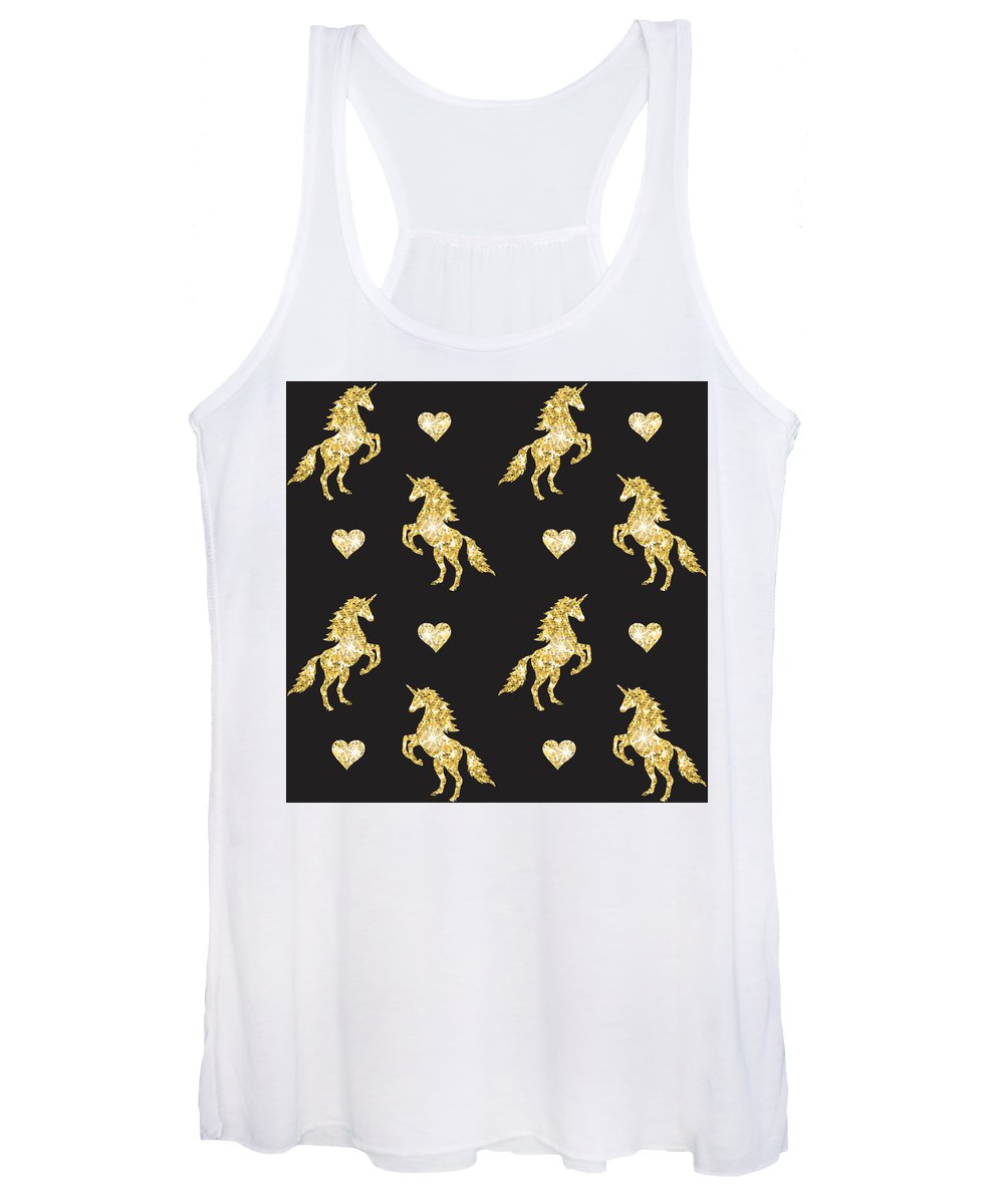 Vector seamless pattern of golden glitter unicorn silhouette isolated on black background - Women's Tank Top