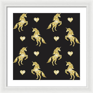Vector seamless pattern of golden glitter unicorn silhouette isolated on black background - Framed Print