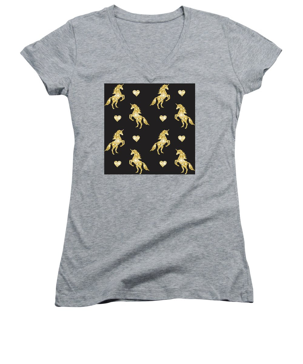 Vector seamless pattern of golden glitter unicorn silhouette isolated on black background - Women's V-Neck