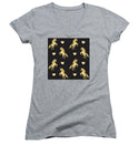 Vector seamless pattern of golden glitter unicorn silhouette isolated on black background - Women's V-Neck