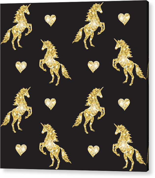 Vector seamless pattern of golden glitter unicorn silhouette isolated on black background - Acrylic Print