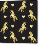 Vector seamless pattern of golden glitter unicorn silhouette isolated on black background - Acrylic Print