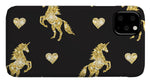 Vector seamless pattern of golden glitter unicorn silhouette isolated on black background - Phone Case