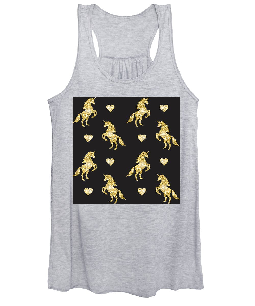 Vector seamless pattern of golden glitter unicorn silhouette isolated on black background - Women's Tank Top