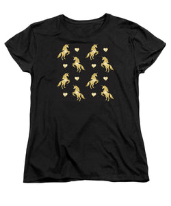 Vector seamless pattern of golden glitter unicorn silhouette isolated on black background - Women's T-Shirt (Standard Fit)