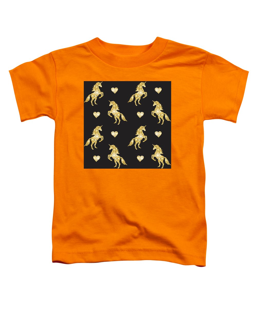Vector seamless pattern of golden glitter unicorn silhouette isolated on black background - Toddler T-Shirt