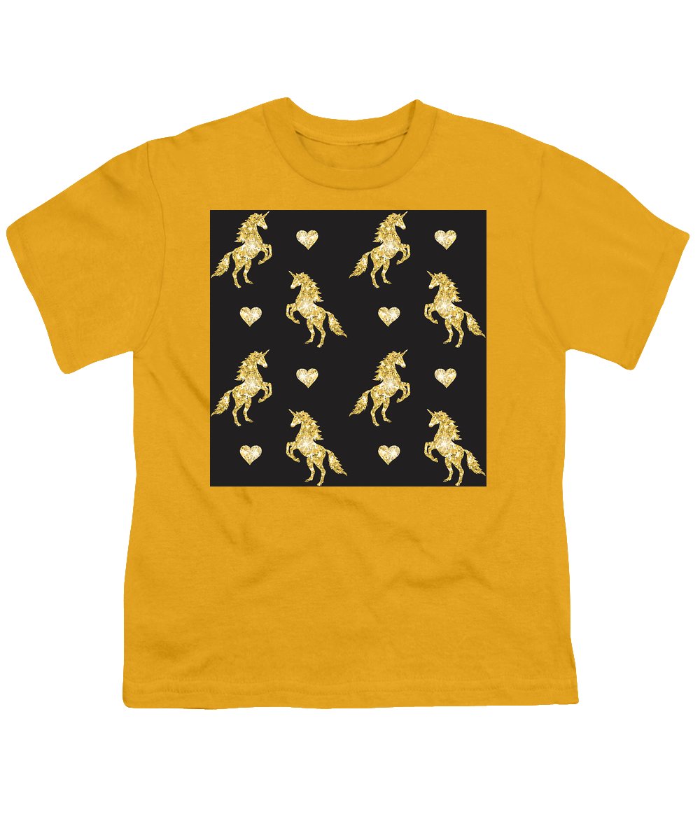 Vector seamless pattern of golden glitter unicorn silhouette isolated on black background - Youth T-Shirt