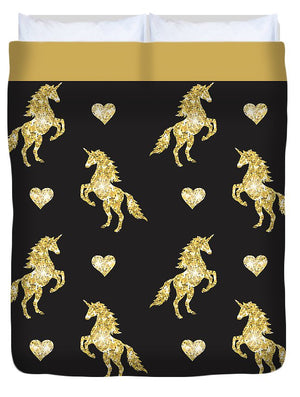 Vector seamless pattern of golden glitter unicorn silhouette isolated on black background - Duvet Cover