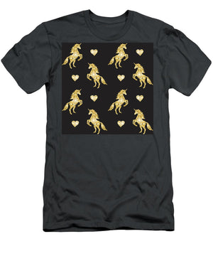 Vector seamless pattern of golden glitter unicorn silhouette isolated on black background - T-Shirt
