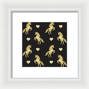 Vector seamless pattern of golden glitter unicorn silhouette isolated on black background - Framed Print