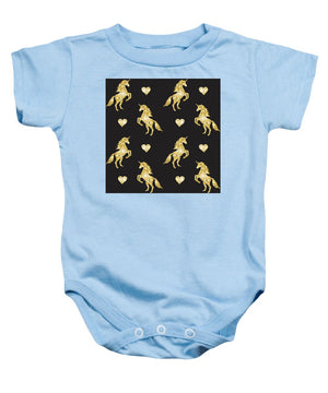 Vector seamless pattern of golden glitter unicorn silhouette isolated on black background - Baby Onesie