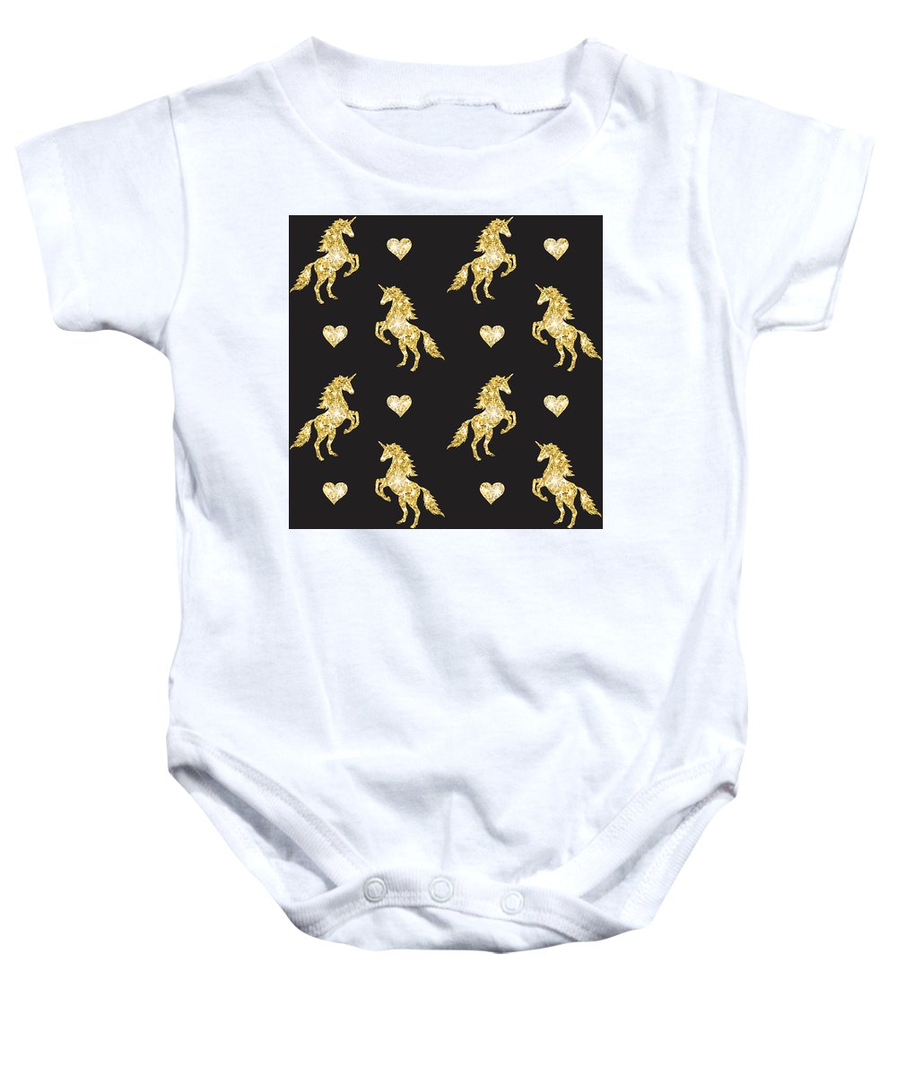 Vector seamless pattern of golden glitter unicorn silhouette isolated on black background - Baby Onesie