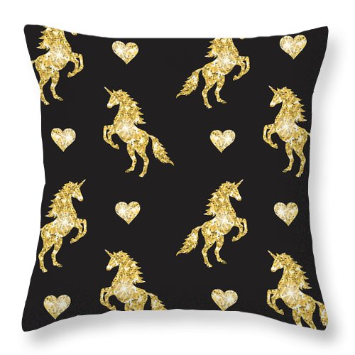 Vector seamless pattern of golden glitter unicorn silhouette isolated on black background - Throw Pillow