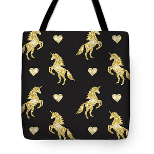 Vector seamless pattern of golden glitter unicorn silhouette isolated on black background - Tote Bag