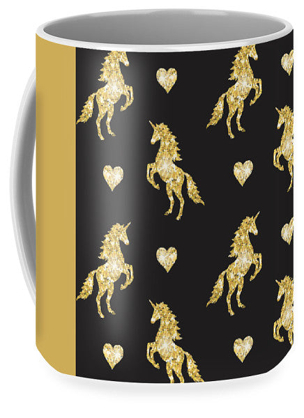 Vector seamless pattern of golden glitter unicorn silhouette isolated on black background - Mug
