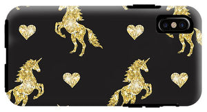 Vector seamless pattern of golden glitter unicorn silhouette isolated on black background - Phone Case