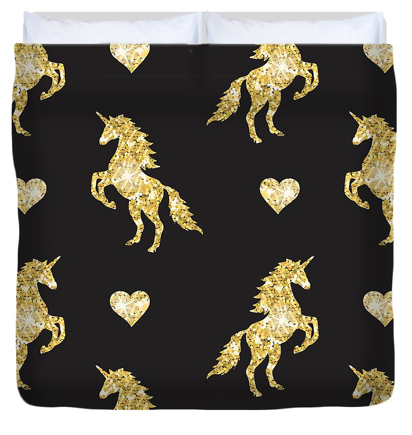 Vector seamless pattern of golden glitter unicorn silhouette isolated on black background - Duvet Cover