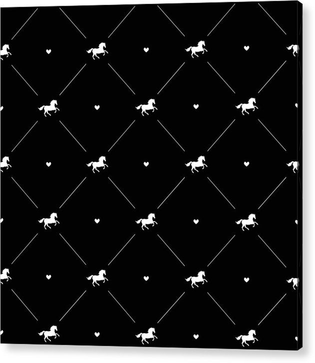 Vector seamless pattern of white horse silhouette with heart isolated on black - Acrylic Print