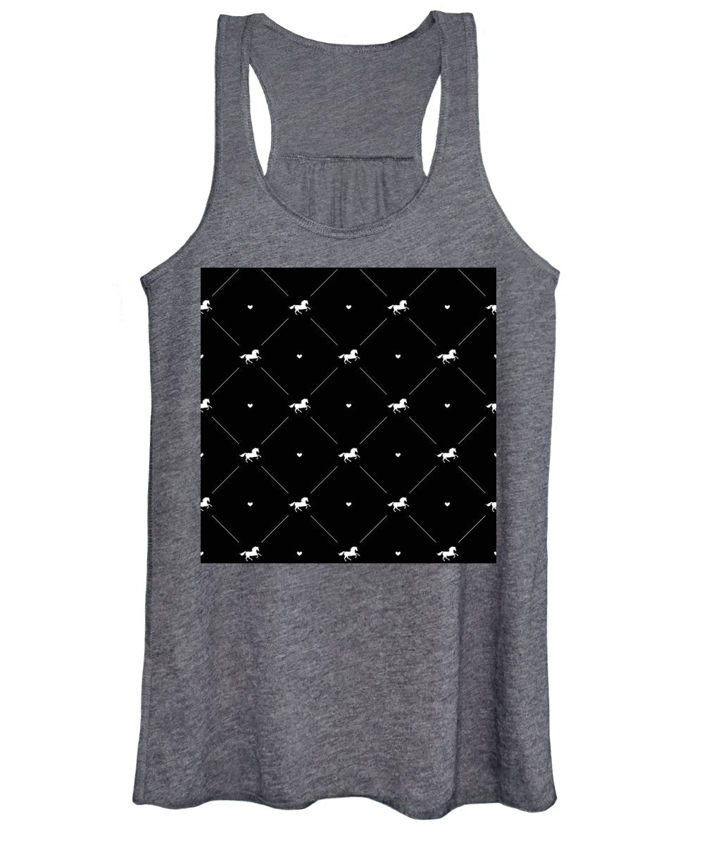 Vector seamless pattern of white horse silhouette with heart isolated on black - Women's Tank Top