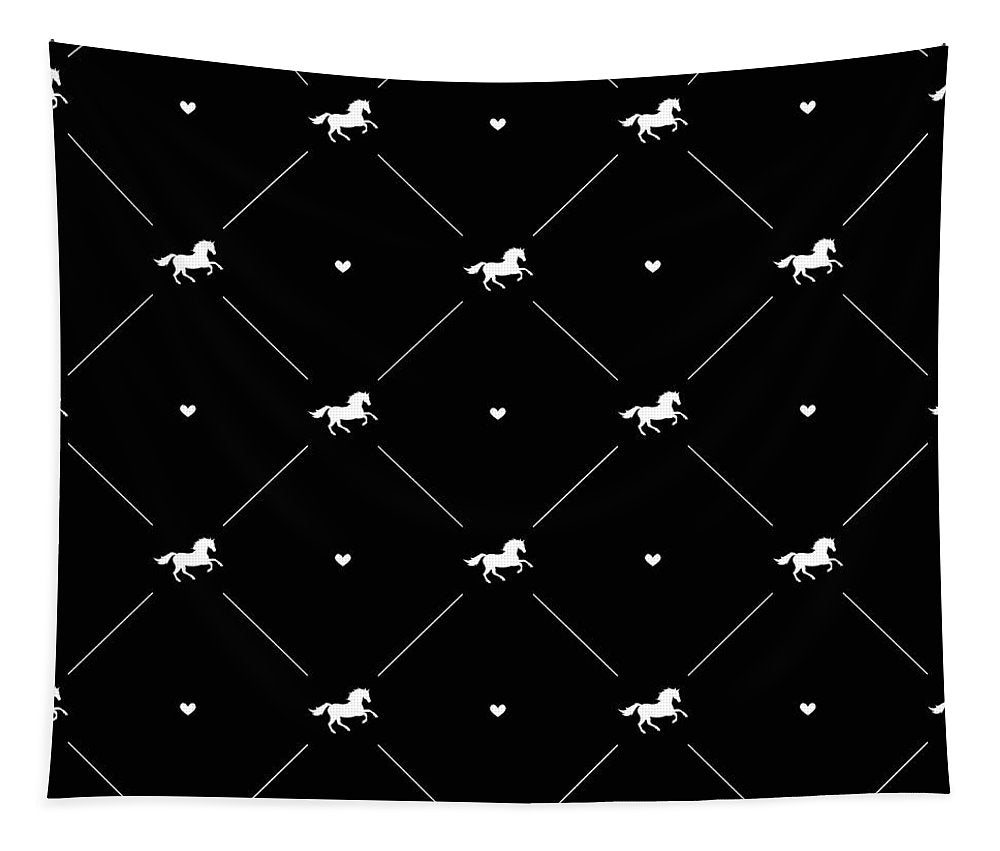 Vector seamless pattern of white horse silhouette with heart isolated on black - Tapestry