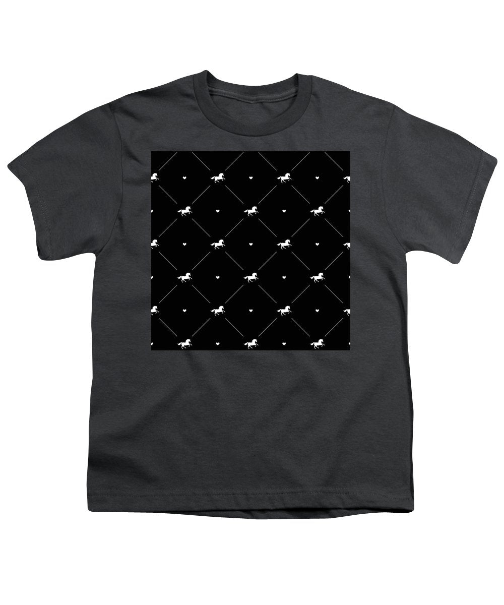 Vector seamless pattern of white horse silhouette with heart isolated on black - Youth T-Shirt