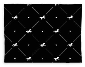 Vector seamless pattern of white horse silhouette with heart isolated on black - Blanket