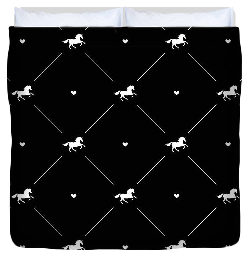 Vector seamless pattern of white horse silhouette with heart isolated on black - Duvet Cover