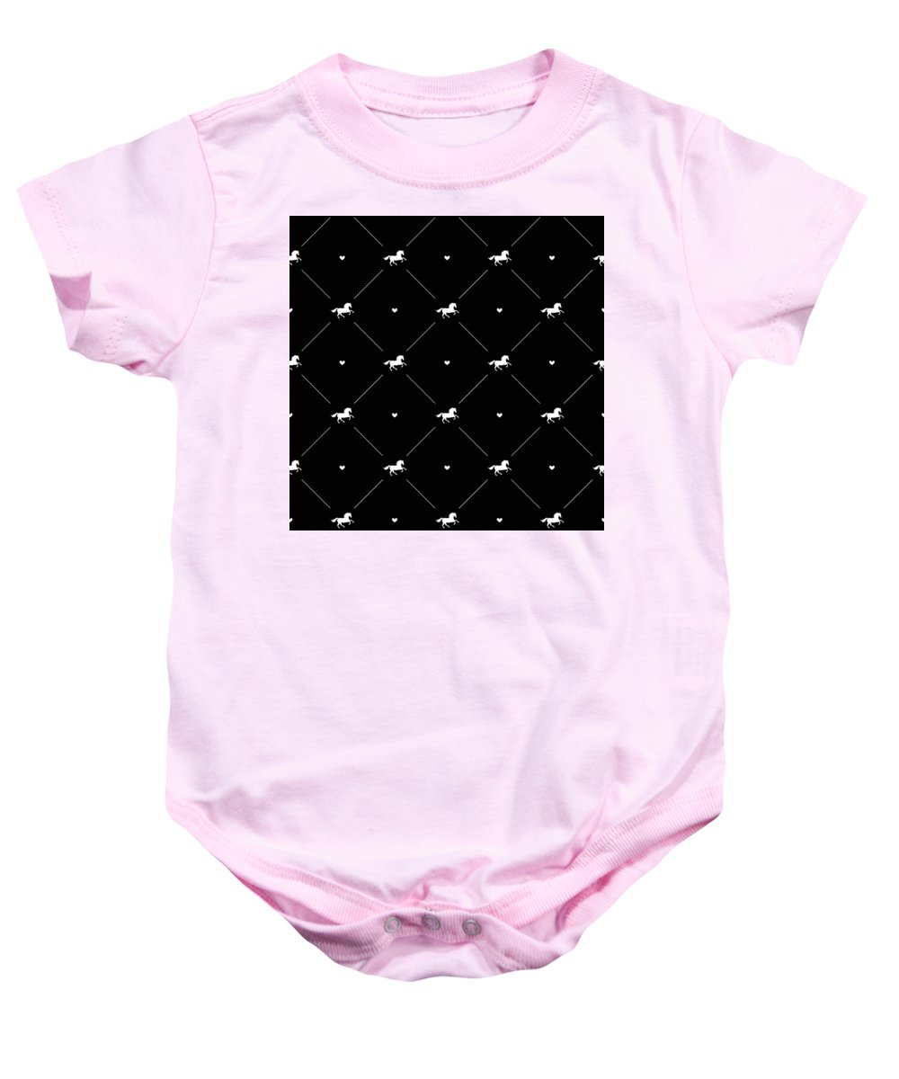 Vector seamless pattern of white horse silhouette with heart isolated on black - Baby Onesie