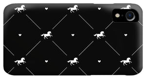 Vector seamless pattern of white horse silhouette with heart isolated on black - Phone Case