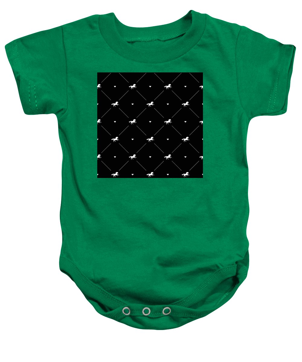 Vector seamless pattern of white horse silhouette with heart isolated on black - Baby Onesie