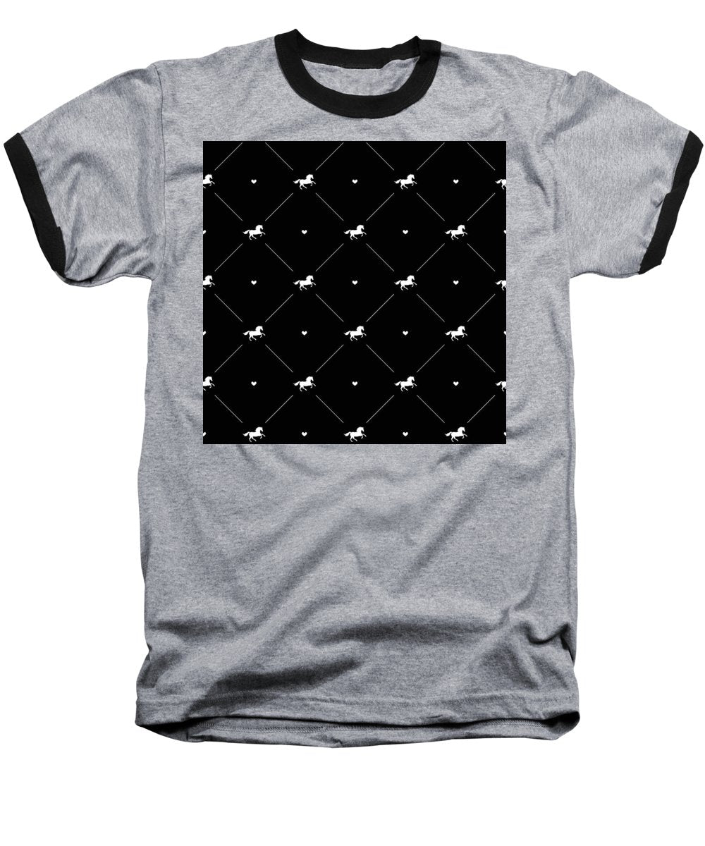 Vector seamless pattern of white horse silhouette with heart isolated on black - Baseball T-Shirt