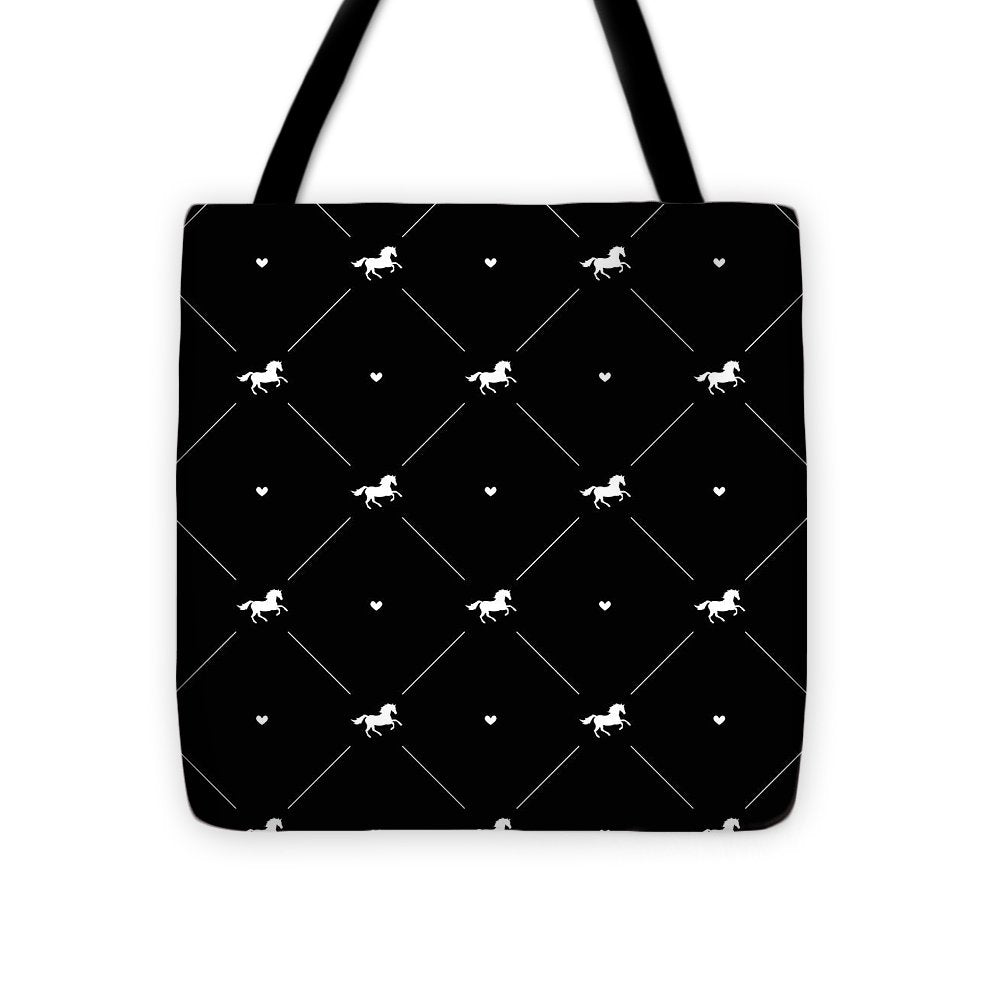 Vector seamless pattern of white horse silhouette with heart isolated on black - Tote Bag