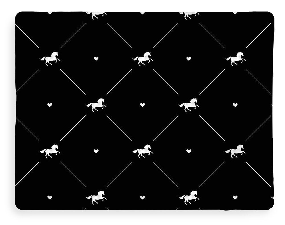 Vector seamless pattern of white horse silhouette with heart isolated on black - Blanket
