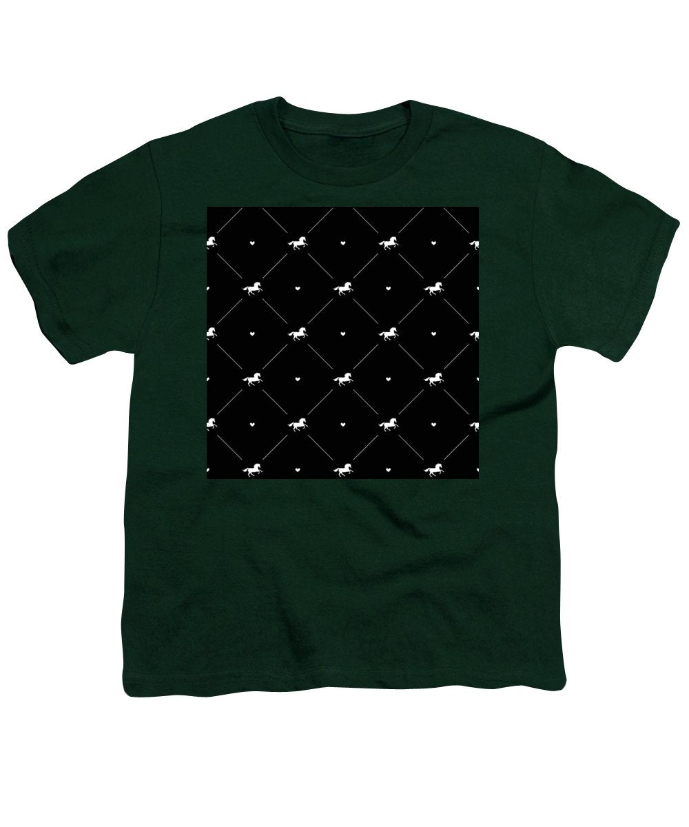 Vector seamless pattern of white horse silhouette with heart isolated on black - Youth T-Shirt