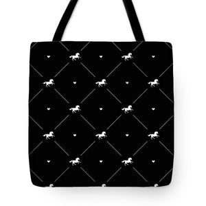 Vector seamless pattern of white horse silhouette with heart isolated on black - Tote Bag