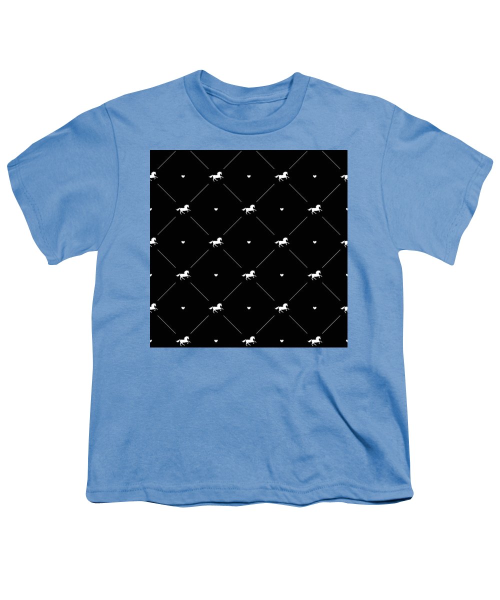 Vector seamless pattern of white horse silhouette with heart isolated on black - Youth T-Shirt