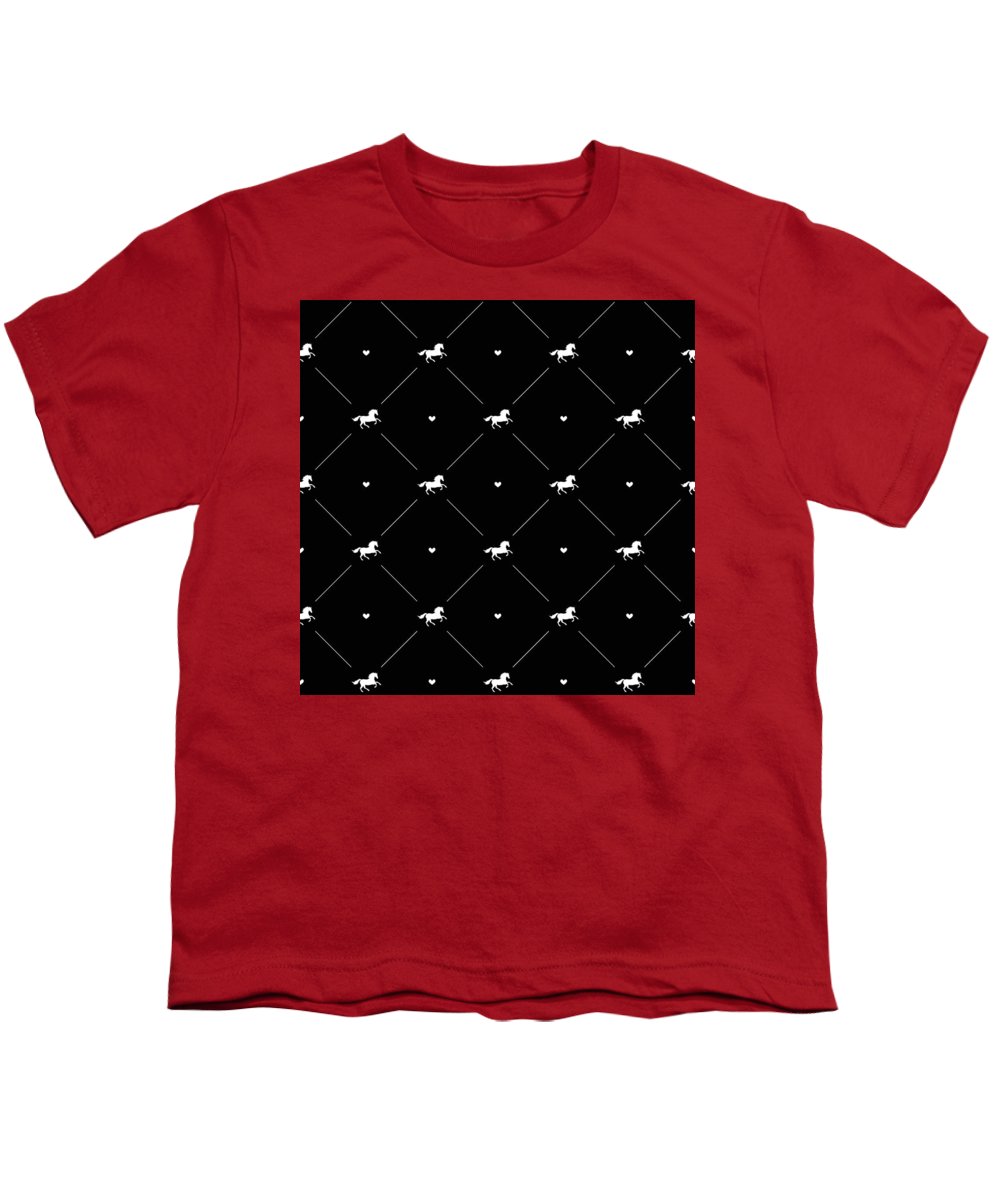 Vector seamless pattern of white horse silhouette with heart isolated on black - Youth T-Shirt