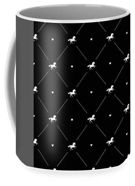 Vector seamless pattern of white horse silhouette with heart isolated on black - Mug