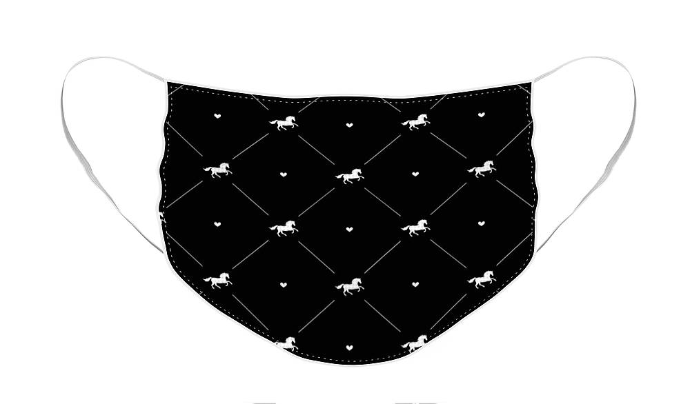 Vector seamless pattern of white horse silhouette with heart isolated on black - Face Mask